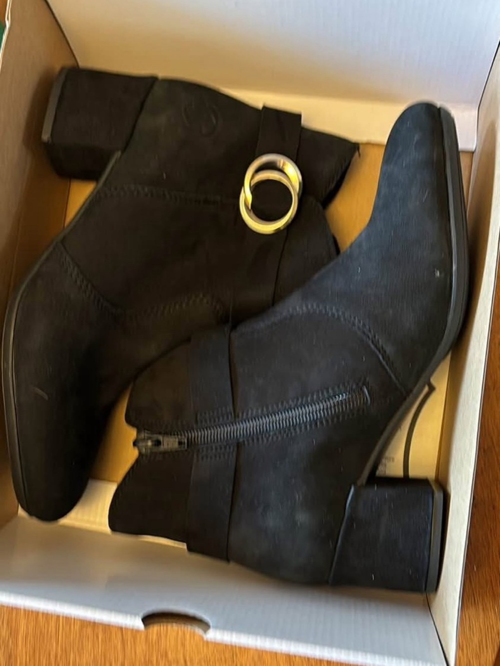 Rieker Black Suede Ankle Booties with Metallic Ring Accent - Picture 2 of 5